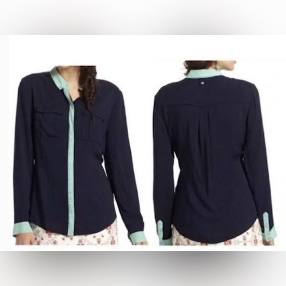 Maeve Navy and Mint Button Down Shirt